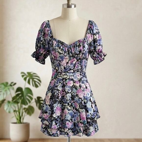 Allison & Kelly Dresses & Skirts - Coquette Corset Floral Puff Sleeve Tiered Mini Dress Sz S Romantic Cottagecore